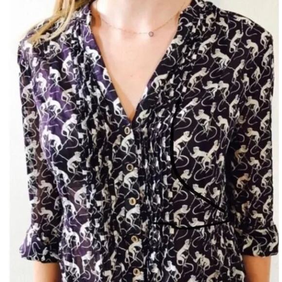 Maeve Anthropologie Purple Monkey Button-Up Blouse Size 0 - Picture 1 of 7